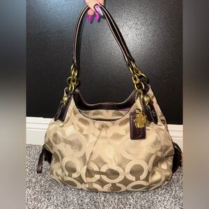 Coach tan monogram logo sateen carryall shoulder bag